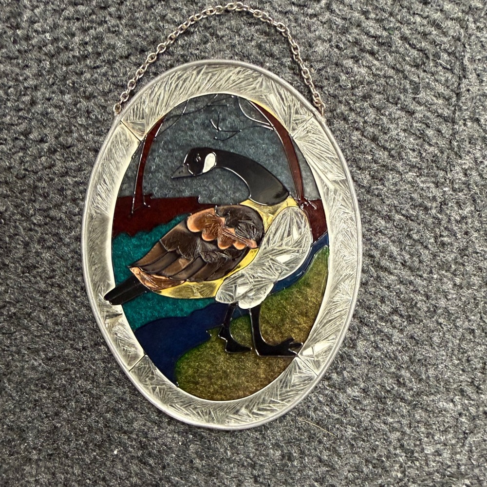 Vintage Canada Goose Oval Stained Glass Suncatcher Textured Metal Frame 7.75" - Picture 2 of 4